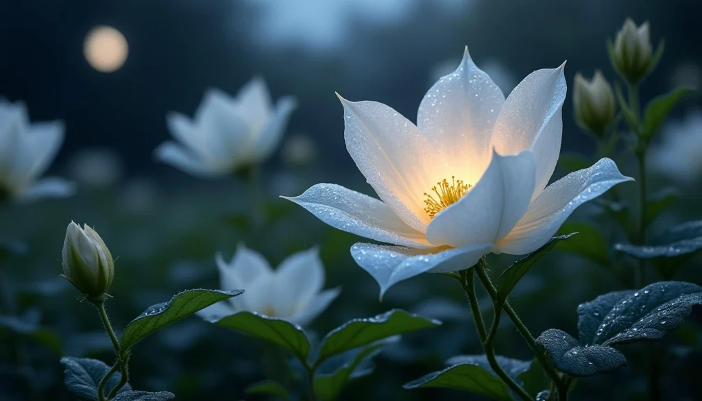 plongez dans l'univers fascinant de la belle de nuit, une fleur au charme énigmatique qui s'épanouit sous le voile de la nuit et révèle toute sa beauté mystérieuse.